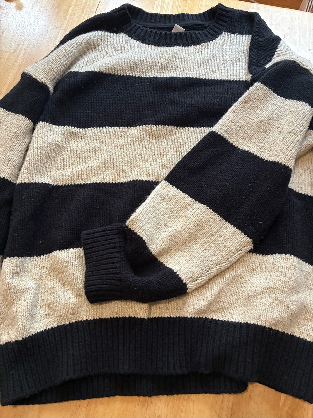 Urban Outfitters Black and Cream Wide-Stripe Crewneck Sweater